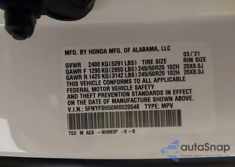 2021 Honda Passport Awd Ex-L z USA, uszkodzony, nr VIN 5FNYF8H50MB020546